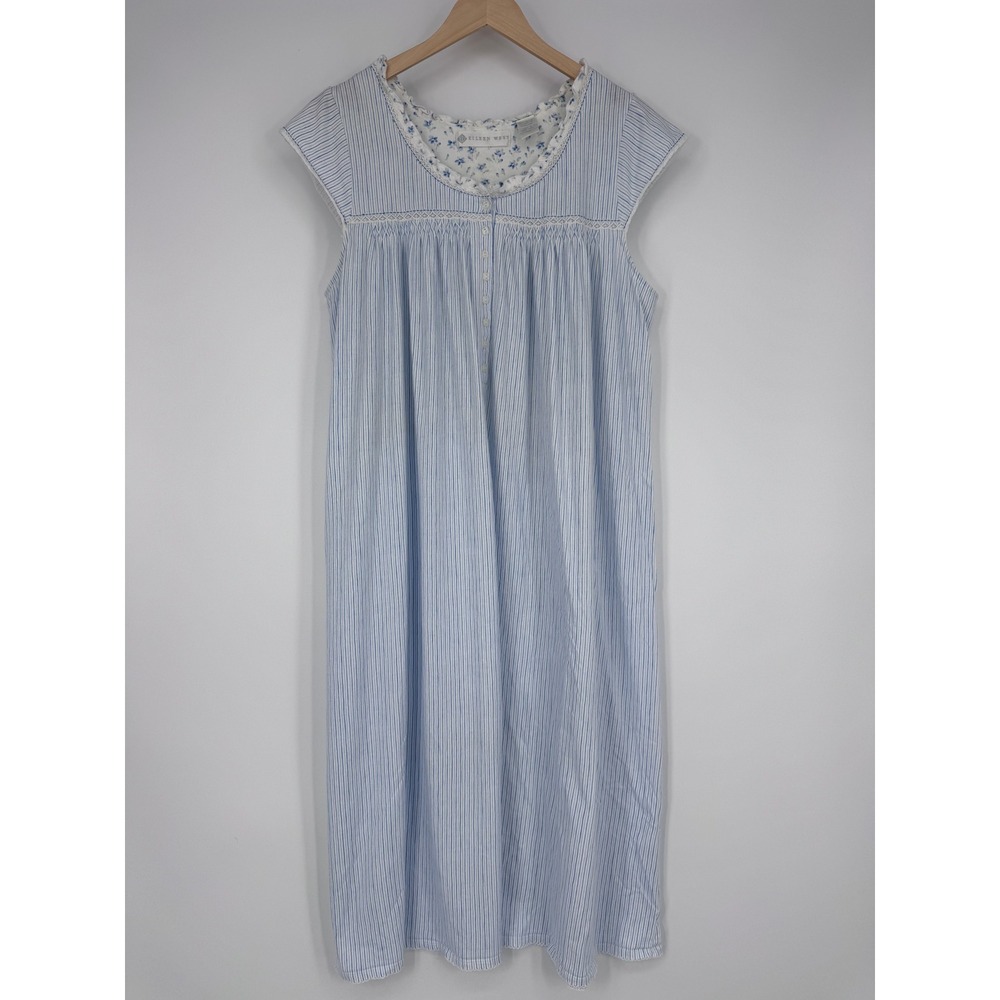 Eileen West Nightgown Womens 1X Blue Striped Cotton Smocked Floral Traditional